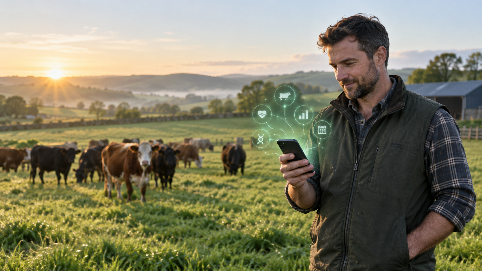 Farmer using a livestock management app while standing with cattle in a green pasture